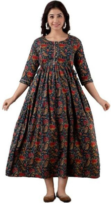 Viyu Creations Women Floral Print Anarkali Kurta(Blue)