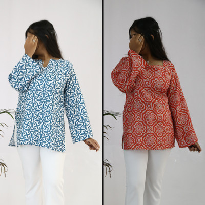 aanzri Women Printed, Floral Print Tunic Kurta(Dark Blue, Light Green)