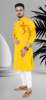 Biswas Fab Men Printed Straight Kurta(Yellow)