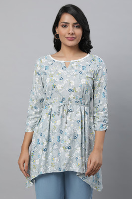Aurelia Women Floral Print A-line Kurta(Blue)