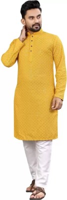 Alankrit Men Chikan Embroidery Straight Kurta(Yellow)