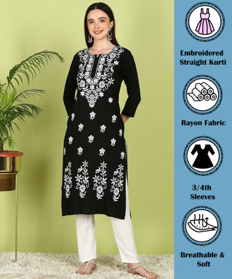 TOP N THREAD Women Chikan Embroidery, Embroidered A-line Kurta(Black)