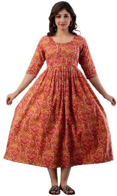 OMSHA Women Printed Anarkali Kurta(Orange)