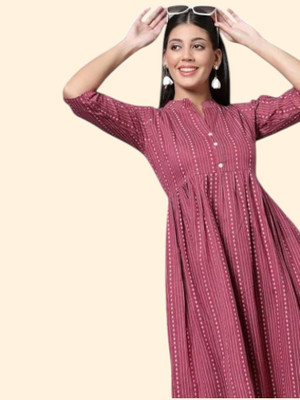 Houseofcommonv Women Striped A-line Kurta(Maroon)