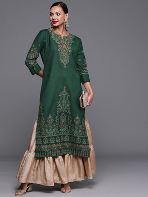 Indo Era Women Printed Straight Kurta(Green)