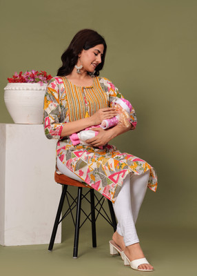 sky fab Women Printed Straight Kurta(Yellow)