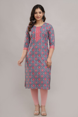 RaghviFab Women Printed Straight Kurta(Grey)