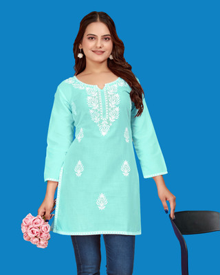 Verdant Women Chikan Embroidery Straight Kurta(Light Blue)