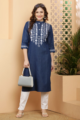 Shopbering Women Embroidered A-line Kurta(Blue)