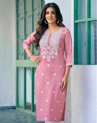 Skylee Women Chikan Embroidery, Embellished, Dyed/Ombre, Self Design Straight Kurta(Pink, White)