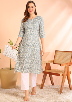 Moda Rapido Women Printed Straight Kurta(Grey, Beige)