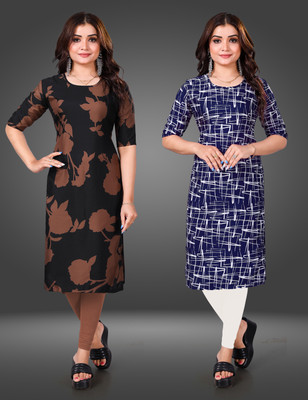 YATKSH Women Printed Straight Kurta(Blue)