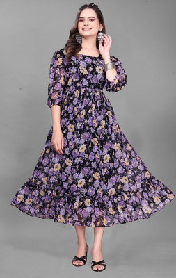 QUEUEE CREATION Women Fit and Flare Purple Midi/Calf Length Dress