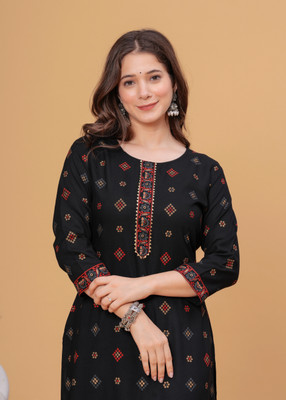 Dressar Women Printed A-line Kurta(Black)
