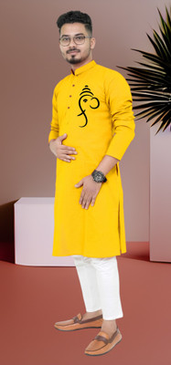 M Biswas Men Printed Straight Kurta(Yellow)