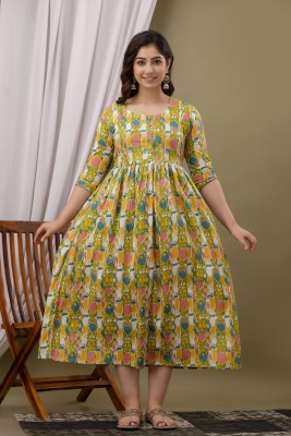 Madfury Women Printed Anarkali Kurta(Yellow)