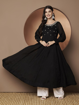 Poshak Hub Women Solid Anarkali Kurta(Black)