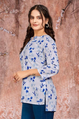 RUPPE Women Floral Print A-line Kurta(Blue, White)