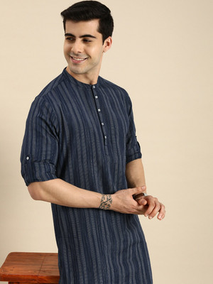 ANOUK Men Striped Straight Kurta(Dark Blue)