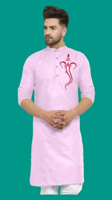 Mamata biswas Men Printed Straight Kurta(Pink)