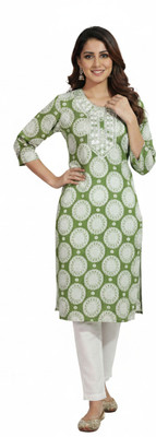 Krishnakala Women Printed, Geometric Print, Embroidered A-line Kurta(Green)