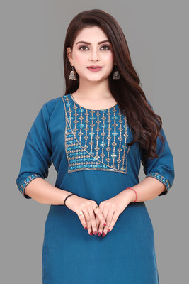 AKK Enterprise Women Embroidered A-line Kurta(Blue)