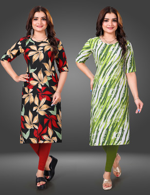MOBHISA Women Printed Straight Kurta(Green)
