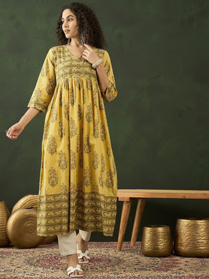 Sangria Women Printed Anarkali Kurta(Yellow)
