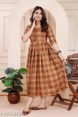 SHREE SHYAM FASHION Women Printed, Geometric Print, Self Design, Floral Print Flared Kurta(Brown)
