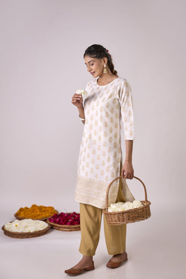Surhi Women Printed Straight Kurta(Beige, White)