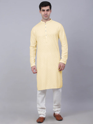 Triom Men Chikan Embroidery A-line Kurta(Beige)