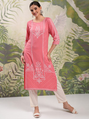 Vishudh Women Printed Straight Kurta(Pink)