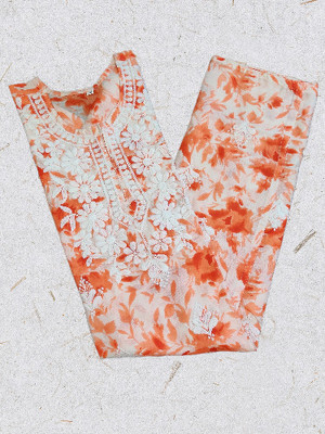 awadhfabric Women Floral Print, Embroidered Straight Kurta(Orange, White)