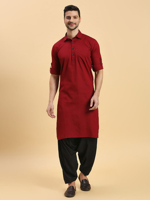 Rajubhai Hargovindas Men Solid Pathani Kurta(Red)