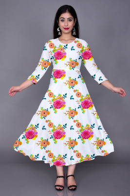 MISS CLOTHING Women Printed A-line Kurta(White)