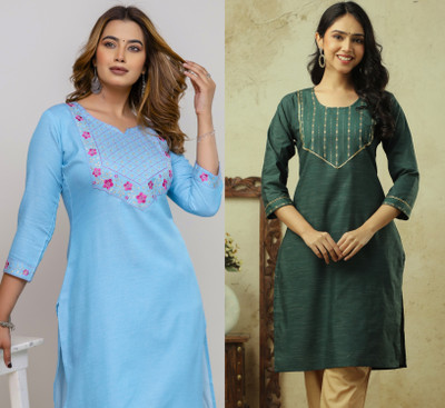 AuzaSho Collection Women Embroidered Straight Kurta(Multicolor)