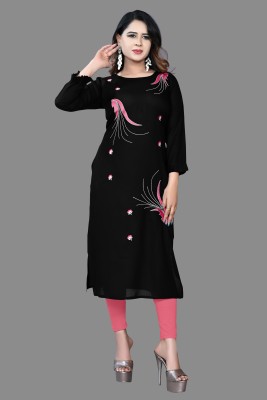 HAYA FASHION Women Embroidered Straight Kurta(Black, Pink)