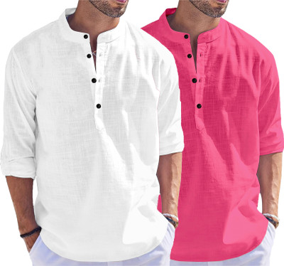 Fashion Marts Men Solid Straight Kurta(White, Pink)