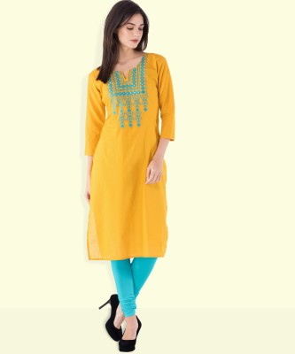 KSHARAA Women Embroidered Straight Kurta(Yellow)