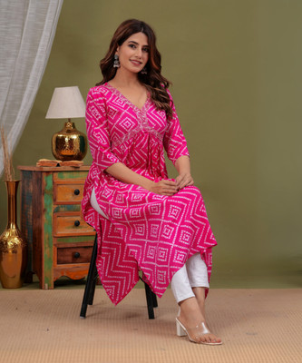 Laxmi Fab Tex Women Printed Flared Kurta(Pink)