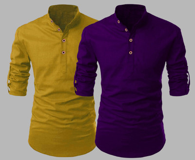 DEEMOON Men Solid Flared Kurta(Yellow, Purple)