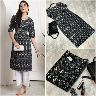 1 Stop Fashion Women Printed Straight Kurta(Black)