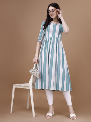 DSK STUDIO Women Striped Flared Kurta(Light Blue, White)