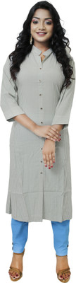 DRESSED UP DIVAS Women Striped A-line Kurta(Grey)