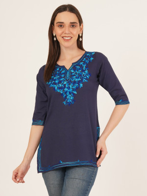 Miss Peach Casual Embroidered Women Dark Blue Top