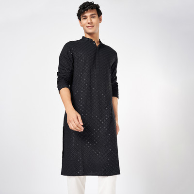 Indus Route by Pantaloons Men Solid A-line Kurta(Black)