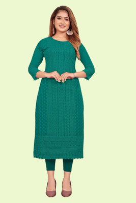 KAYRAAH Women Chikan Embroidery Straight Kurta(Green)