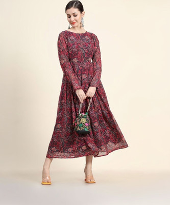 Shiv Women Geometric Print Anarkali Kurta(Maroon)