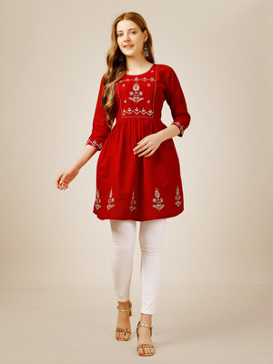 SHIVSHAKTI Women Embroidered A-line Kurta(Red)