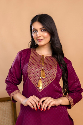 Tibra Attire Women Woven Design Straight Kurta(Maroon)